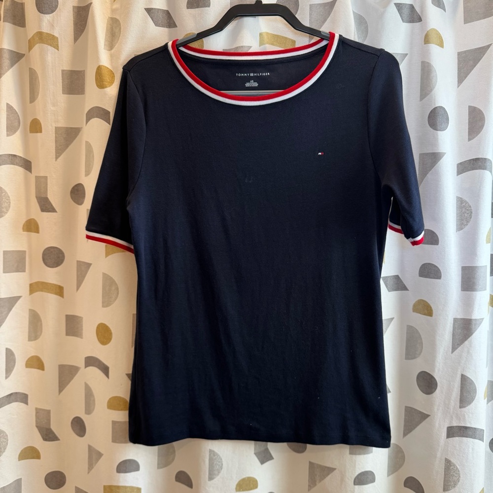 Tommy Hilfiger Women's Navy Tee with Red and White Trim